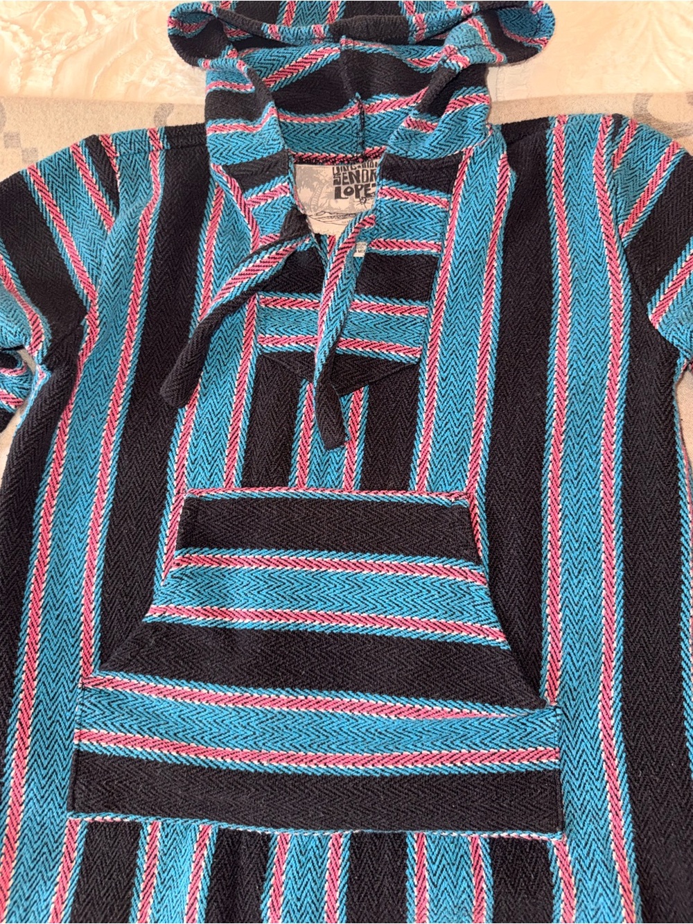 Baja Drug Rug Black Pullover with Blue, White and Pink Stripes - Picture 3 of 9